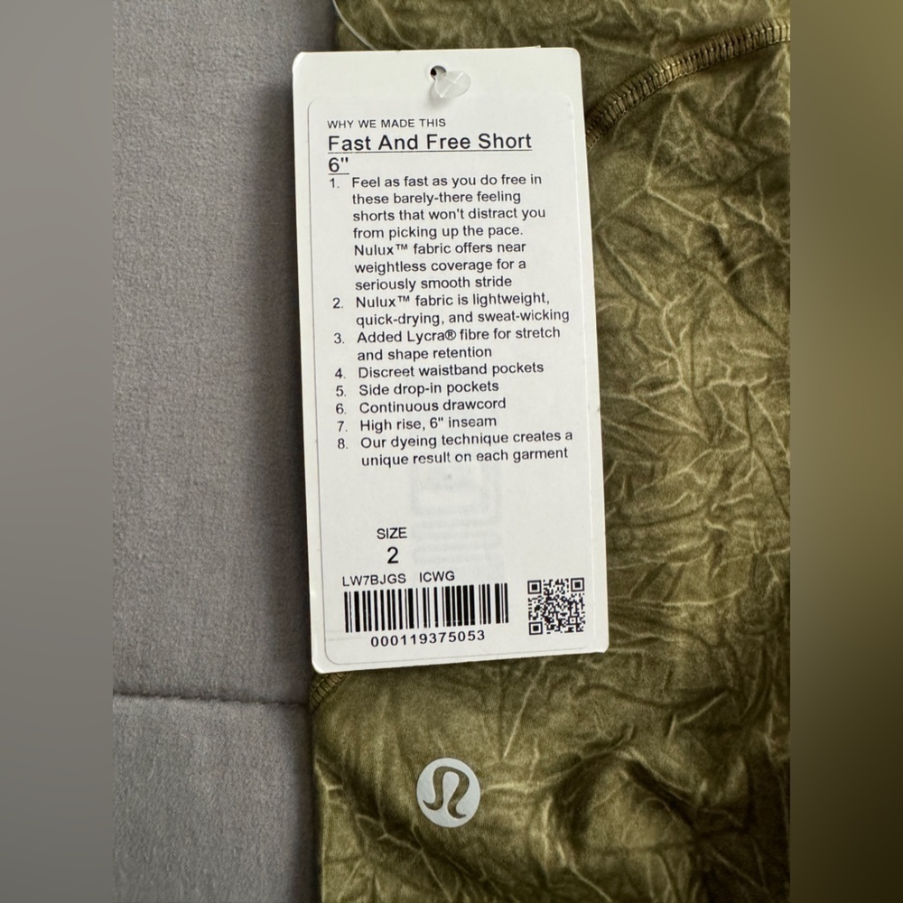 NWT Lululemon Fast and Free Short 6" Ice Dye *Non Reflective in Ice Wash Moss - Picture 5 of 5